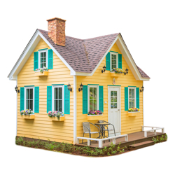 Yellow home with green shutters on white background. Home equity loan image for crossroads community fcu