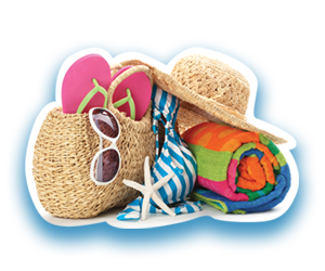 Photo of beach vacation supplies; sunglasses, hat, flipflops, beach towel, bathing suit