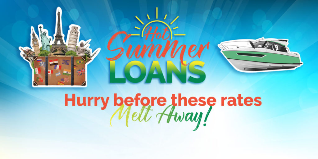 Hot Summer Loans Graphic for Crossroads Community FCU photo of boat and world travel