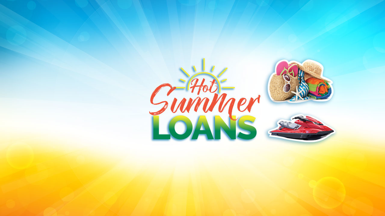 Hot Summer Loans Graphic for Crossroads Community FCU photo of jet ski and beach vacation supplies