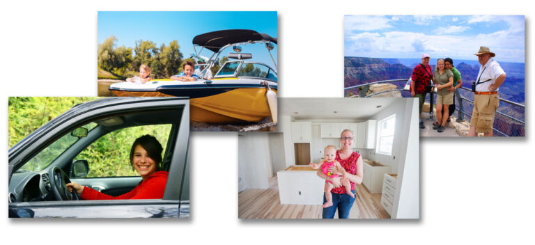 girl in new car, kids on boat, mom holding baby in new kitchen remodel and family at grand canyon