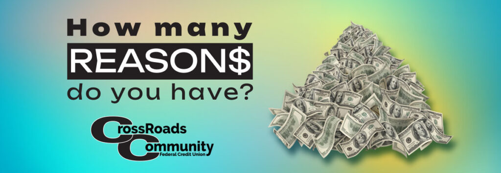 Money pile on colorful background, headline How many Reasons do you have?