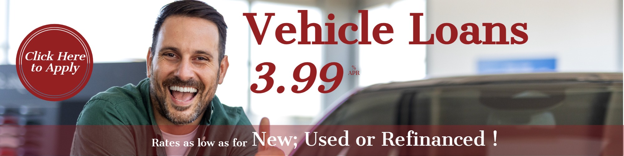 Happy man leaning on car giving thumbs up sign to 3.99% Vehicle Loan