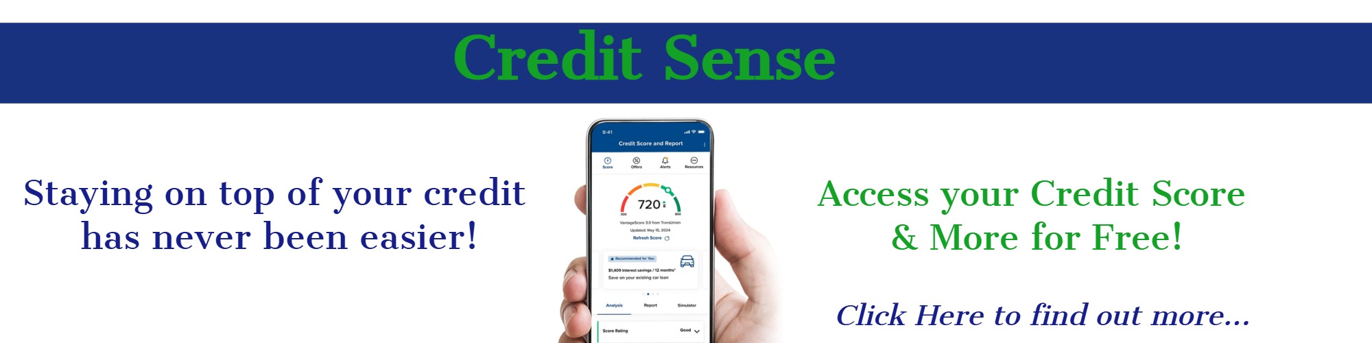 Hand holding phone, showing Credit Sense APP from CrossRoads Community, FCU