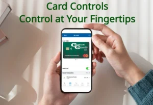 Hands holding a mobile phone using crossroads community fcu card control APP