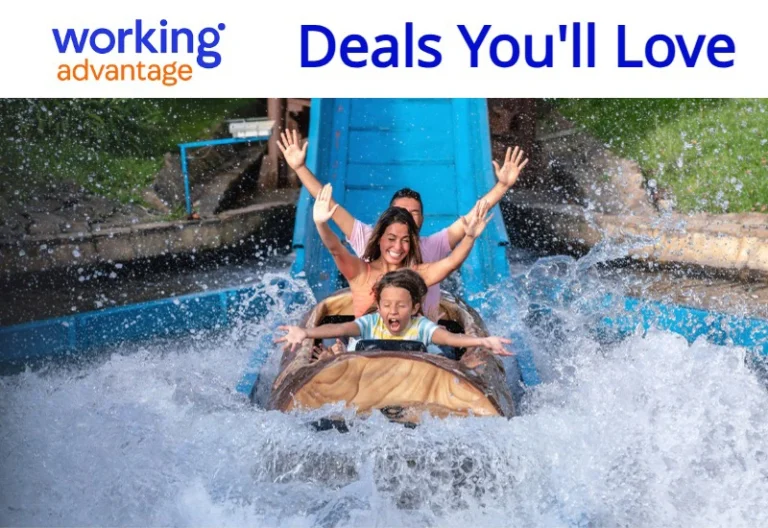 working advantage deals you'll love. Happy family riding log flume at theme park getting splashed