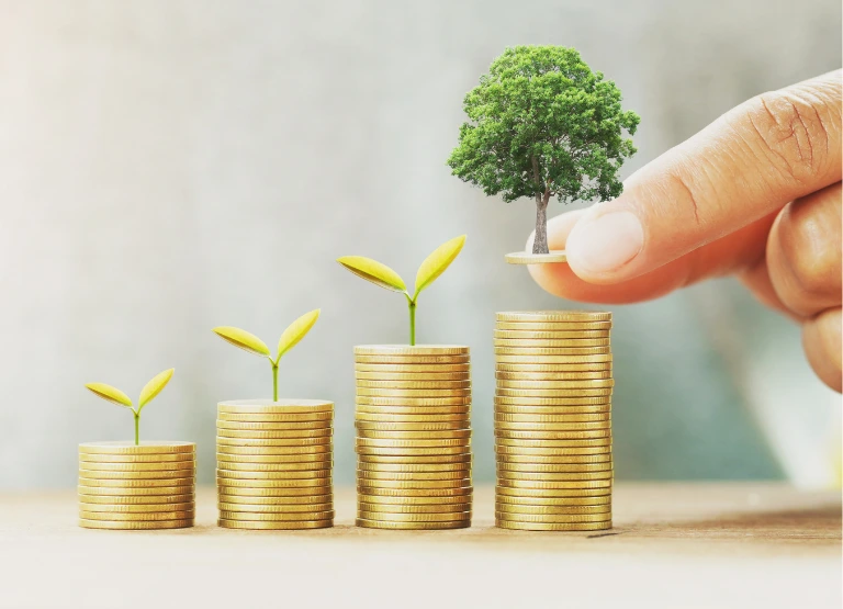 Coins in increasing stacks. Last stack has large hand placing small tree at top.
