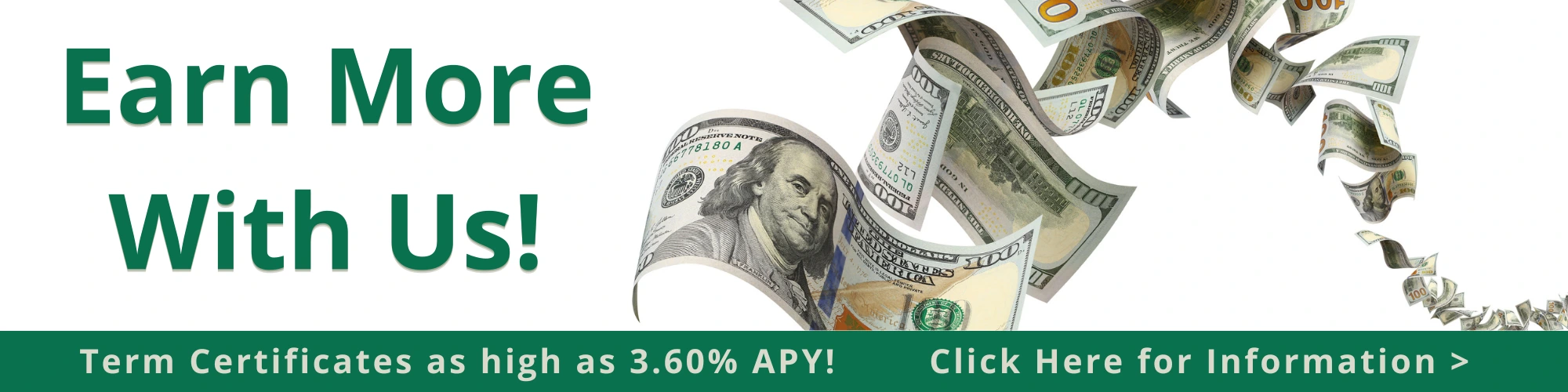 100 dollar bills flying through air in a line. Promotion for term certificates as high as 3.60%
