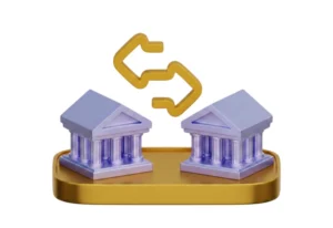 Two 3d bank illustrations with arrows connected pointing to each bank representing bank to bank transfers