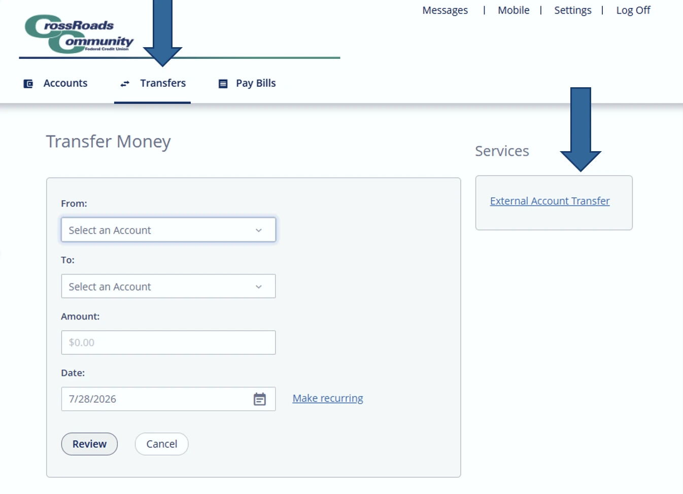 screen shot Transfer Money window of CrossRoads Community FCU APP