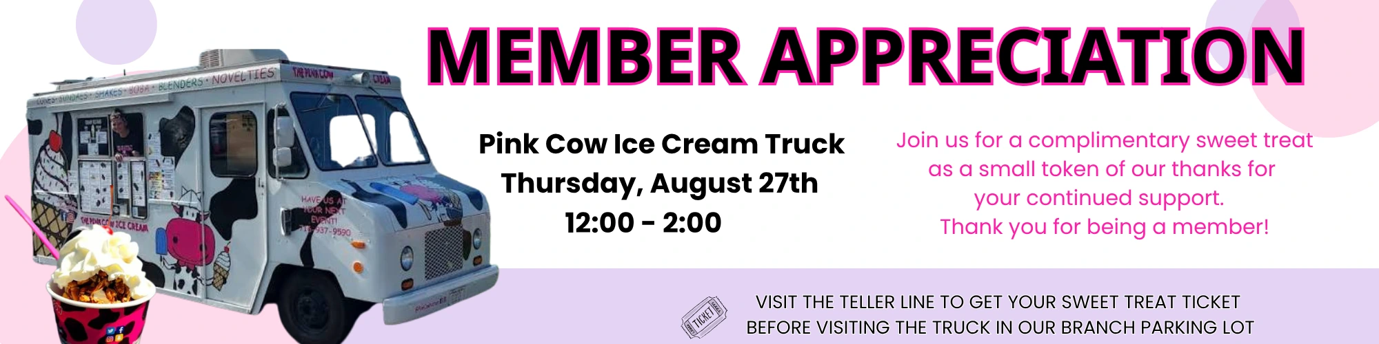 Pink Cow Food Truck announcing Member Appreciation Day August 27th for CrossRoads Community FCU
