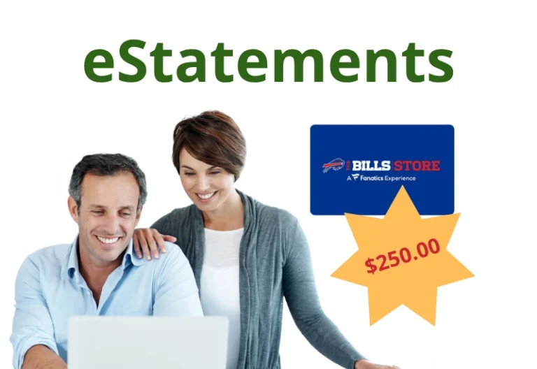 A couple working on a laptop switching to eStatements to win a $250 Gift Card