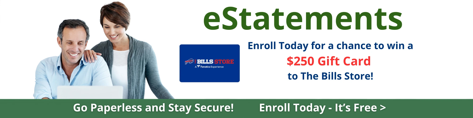 Couple on laptop signing up for CrossRoads Community FCU estatements to win $250 Gift Card from Bills Store