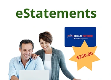 Couple on laptop signing up for estatements to win $250 Gift Card from Bills Store